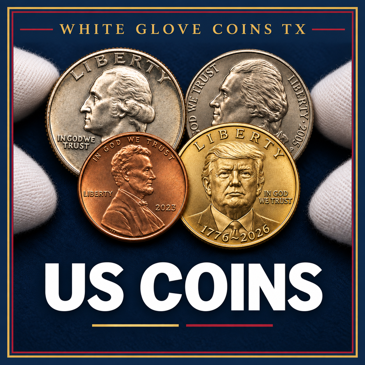 White Glove Coins TX US coins category artwork with silver, copper, and gold-tone coins